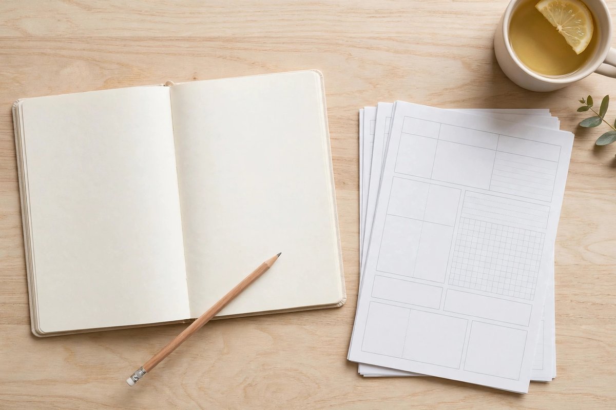 A notebook and planner pages laid out on a desk for a pre-publish checklist