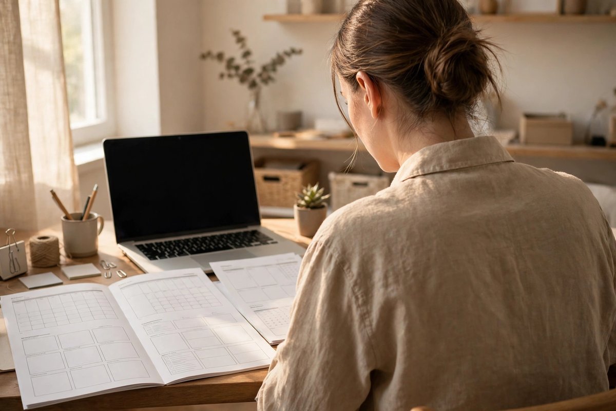 A seller reviewing printed planner pages at a tidy desk before listing them