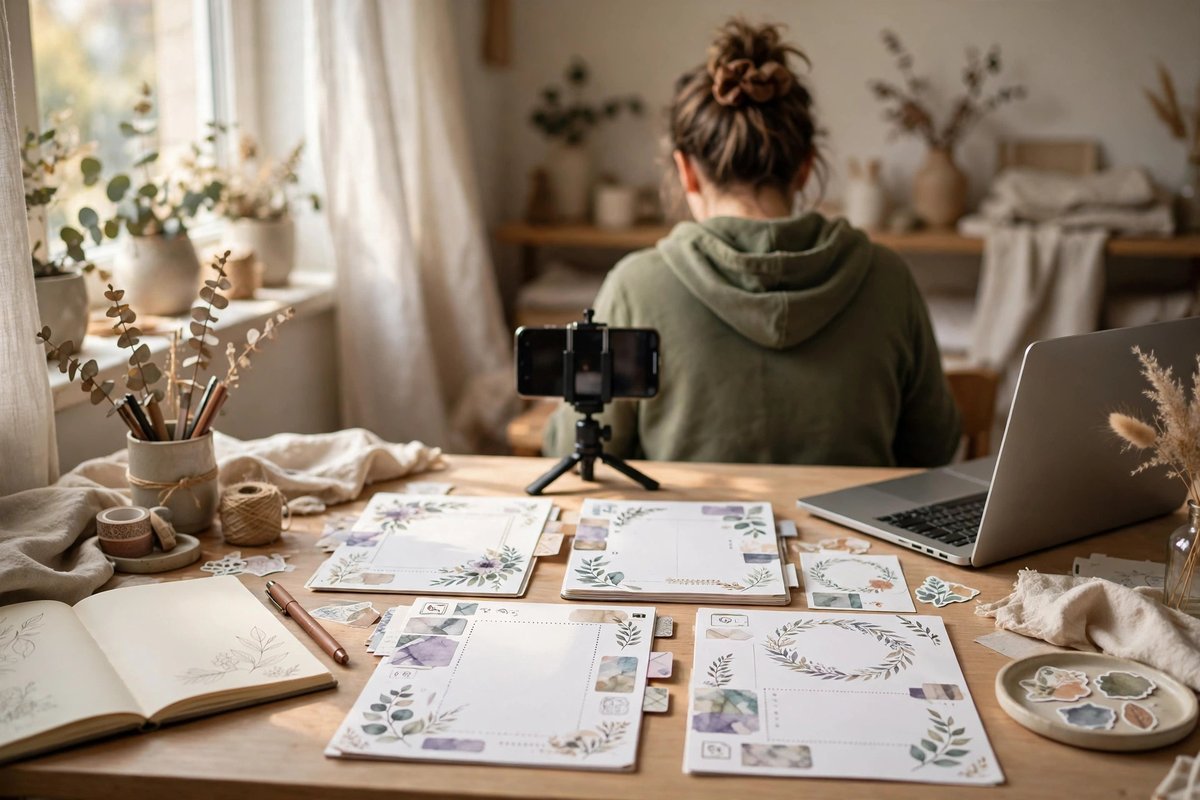 A creator filming planner pages on a tidy desk for Instagram