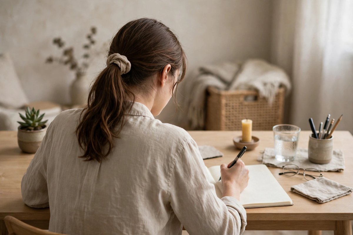 Writing new year goals in a notebook at a tidy desk