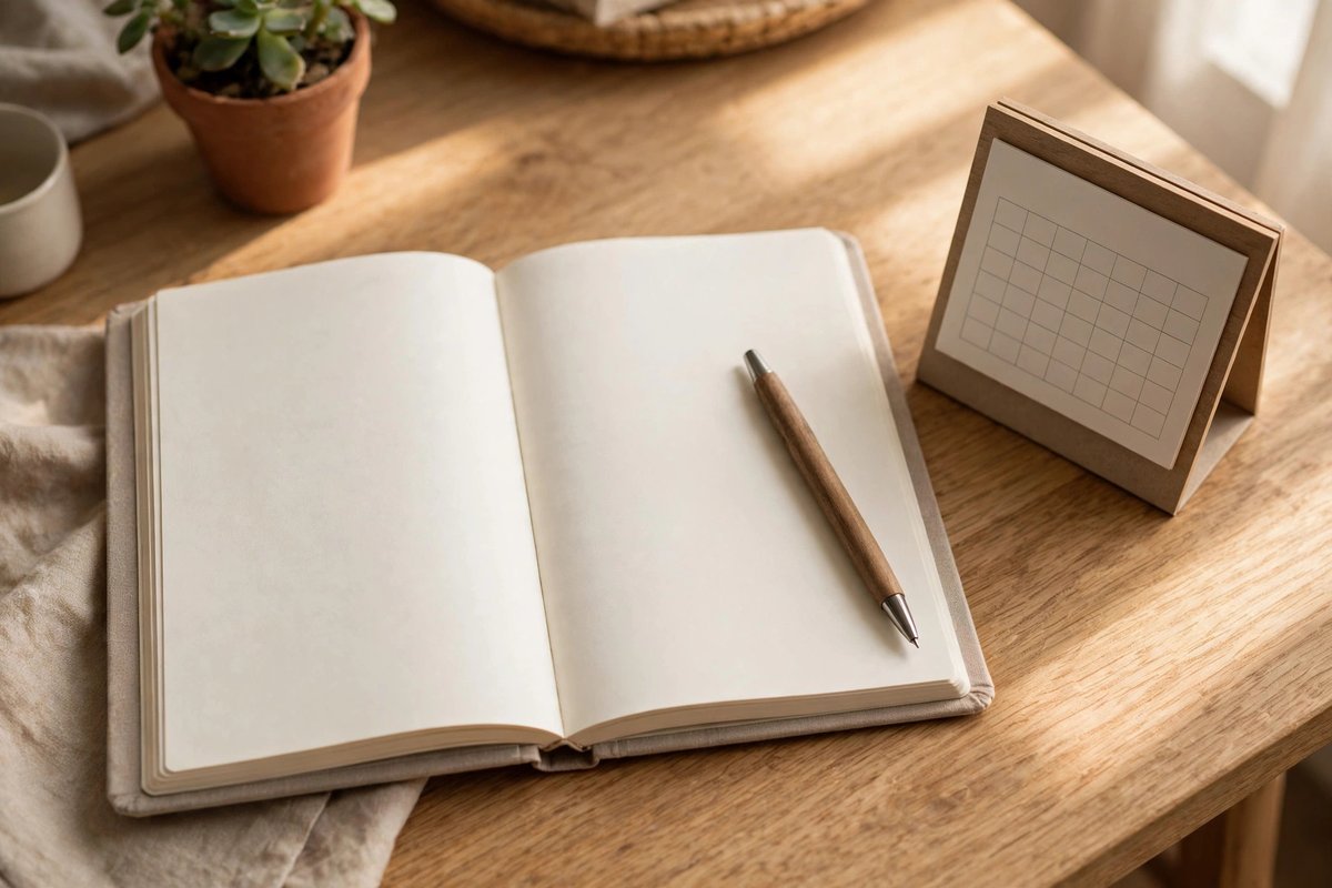 An open planner and pen on a tidy home desk