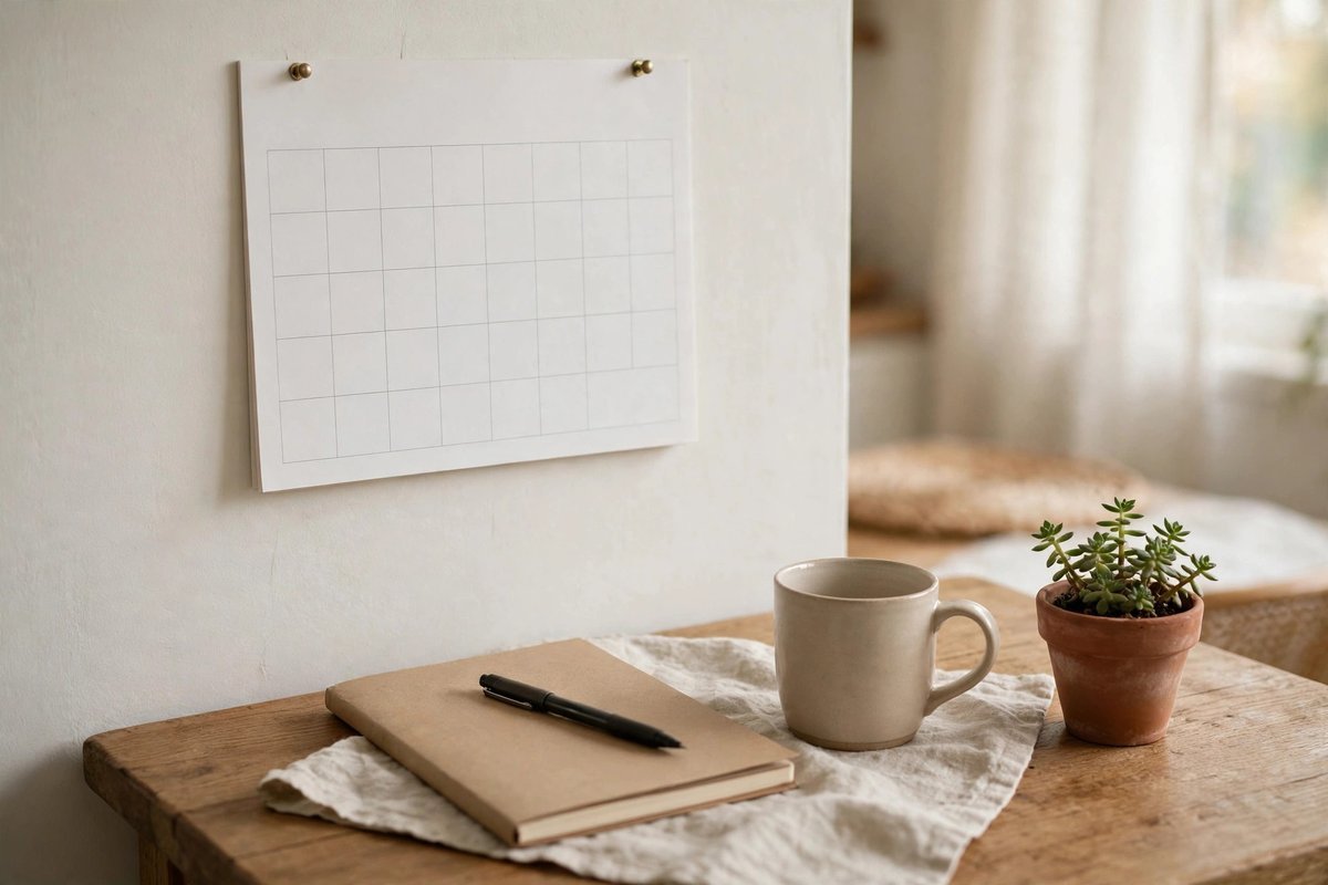 A calendar and notebook on a kitchen table, planning the year ahead
