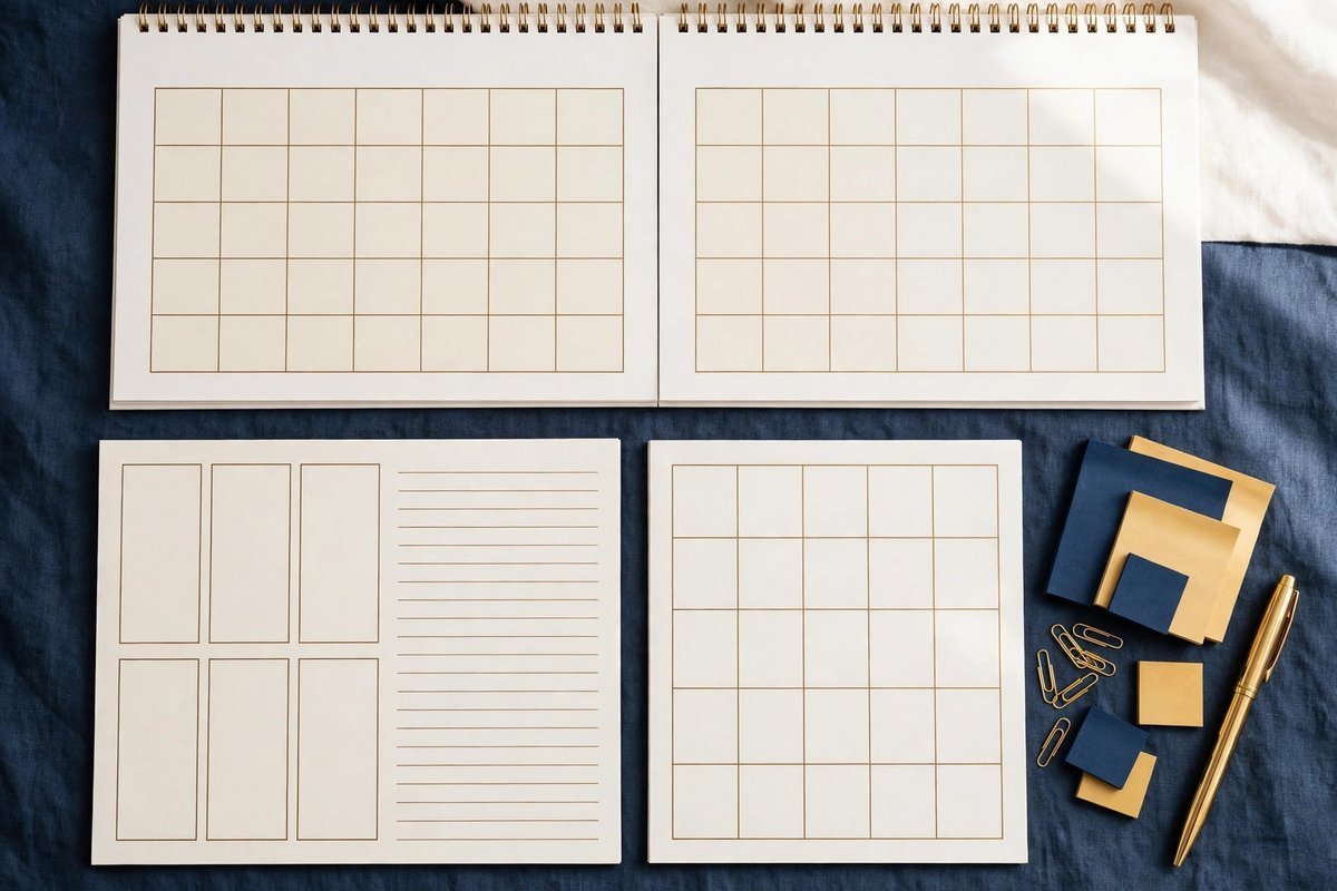 Printed planner pages and a calendar on a desk