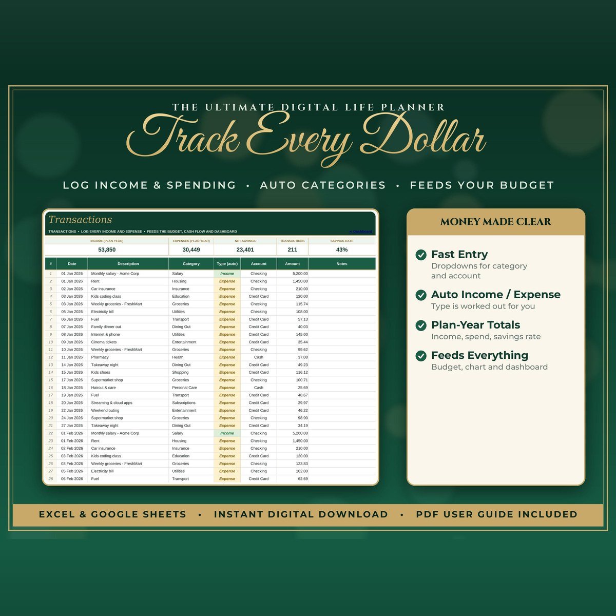 Ultimate Life Planner spreadsheet dark green and gold dashboard — view 2