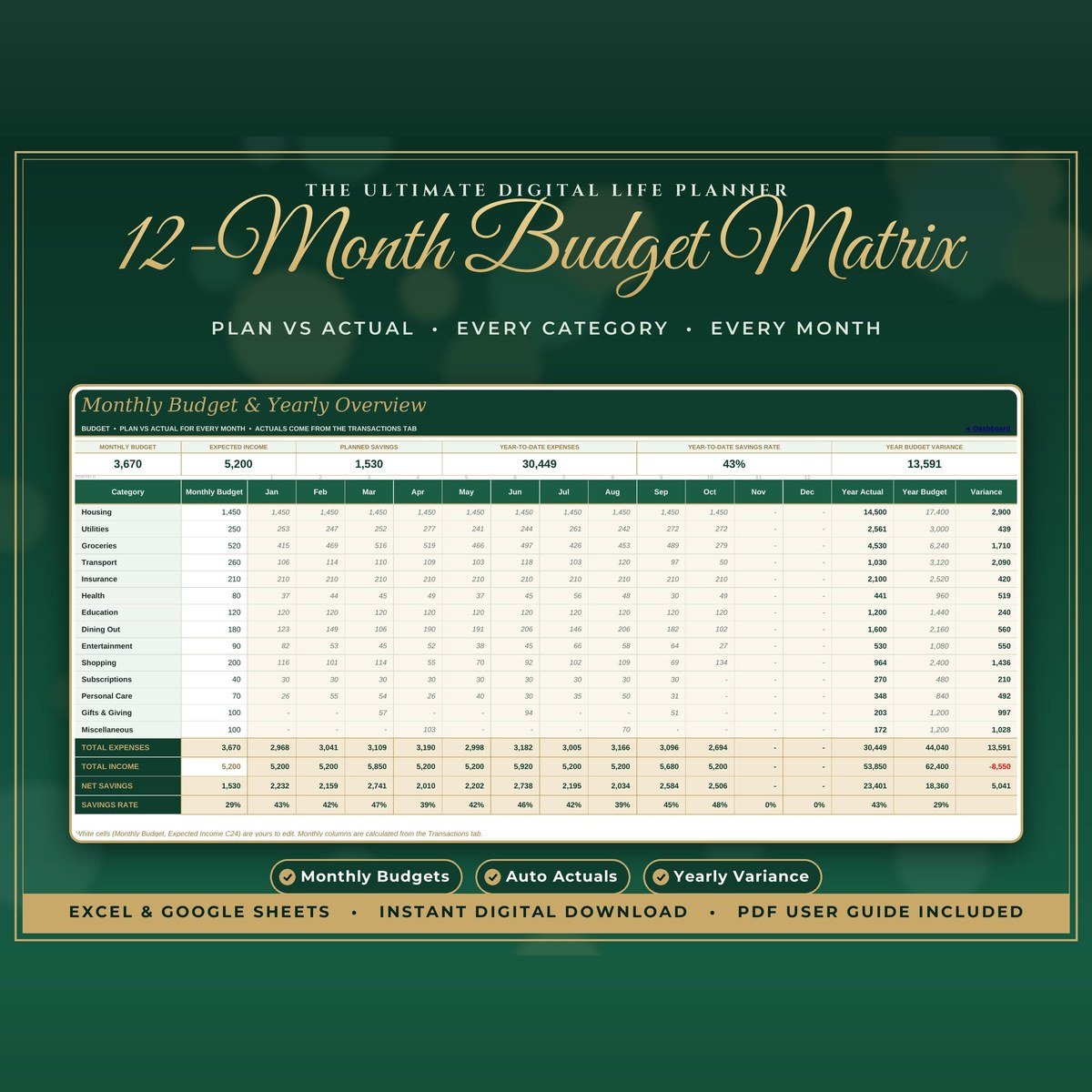 Ultimate Life Planner spreadsheet dark green and gold dashboard — view 3