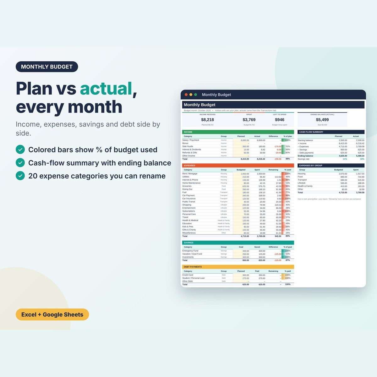 Simple Budget Planner for Excel — $7 — view 2
