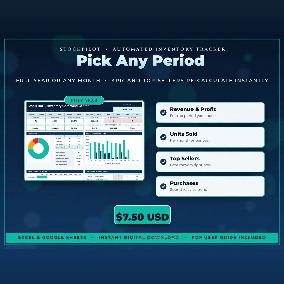 StockPilot Automated Inventory Tracker spreadsheet dashboard — view 2